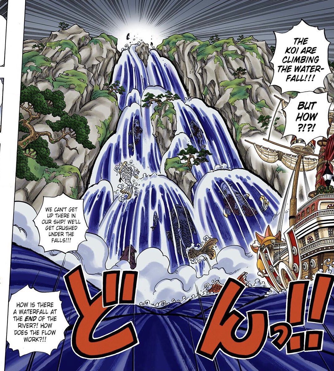 En plus son territoire principal se trouve tout en haut d’une cascade, et les bateaux peuvent y monter que grâce à l’aide de carpes  #onepiece999