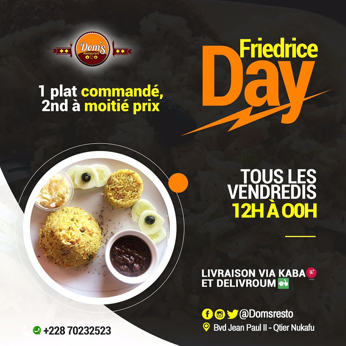 domsresto's tweet photo. Si seulement tous les jours de la semaine pouvaient être vendredi ! 😩

On s'offrirait quotidiennement 2 plats de fried rice au prix d'1 et 1/2 🤗

PS : Spécialement pour ce jour et uniquement sur notre stand à la foire aux cadeaux, 1 plat à 2000f et 2 plats à 3000f !

#TT228 https://t.co/tgwJMu6s8a