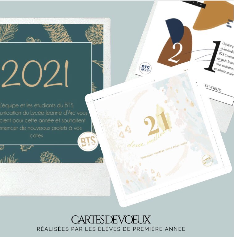 BTSCommJDARouen's tweet photo. Bientôt le début de l’année 2021!
Nous avons réalisé des cartes de vœux qui seront envoyées aux partenaires du BTS, afin de les remercier et de leur souhaiter nos meilleurs vœux.  #btscommunication #2021 #nouvelleannée https://t.co/Qw2HRkHmlI