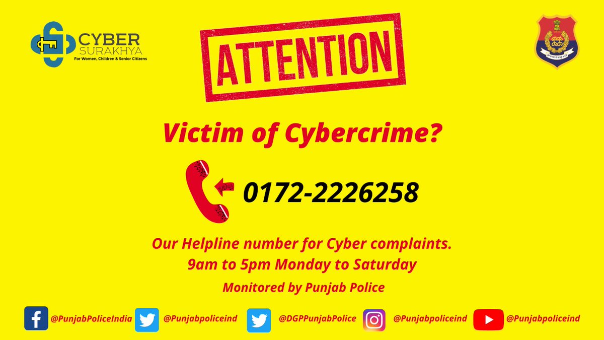 PunjabPoliceInd's tweet photo. The internet touches almost all aspects of our lives. A minor lapse in managing our digital lives can open the door to cyber criminals.
For reporting of cybercrime, Call at our helpline 0172-2226258 or visit https://t.co/QXEV6GXtXa 

#CyberPeace #CyberSurakhya 

@PunjabGovtIndia https://t.co/YeU5TdMKtV