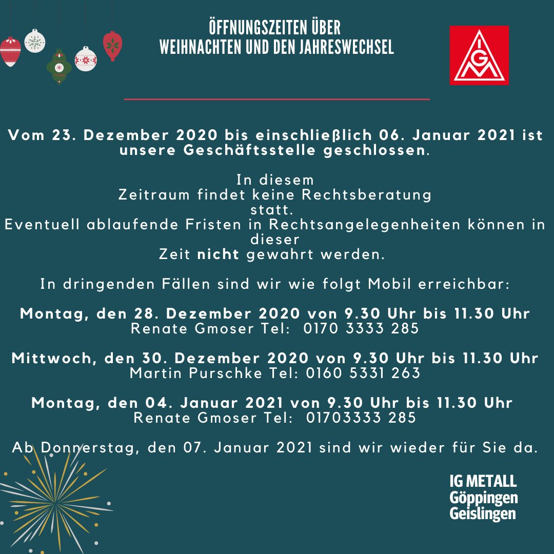 Vom 23.12.20 bis einschl. 06.01.21 ist unser Büro geschlossen. 
In dringenden Fällen sind wir aber telefonisch für euch erreichbar. 

Ab dem 07. Januar dann aber wieder Persönlich in unserer Geschäftsstelle!

Frohe Feiertage, bleibt Gesund und passt auf euch auf!