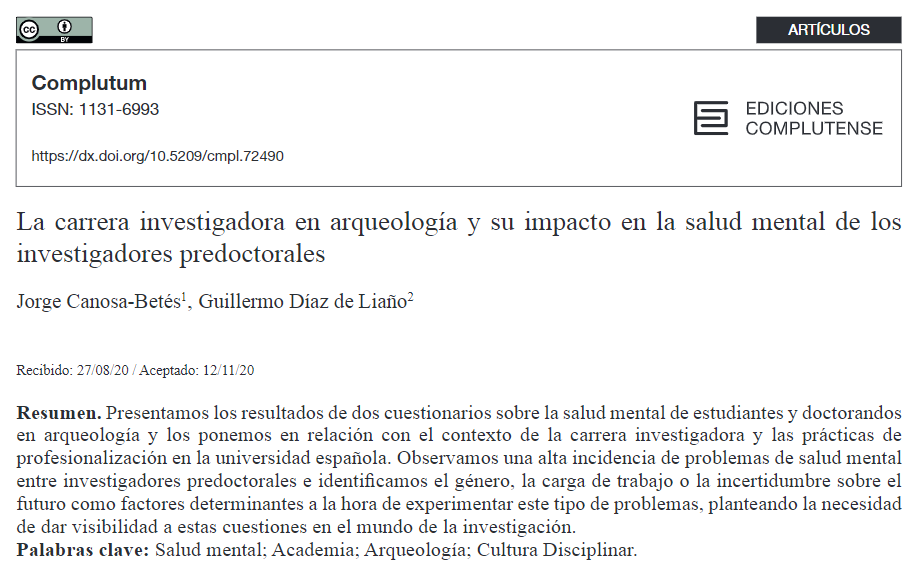Hace unos días, mi compi <a href="/GuilletheGoonie/">Dr. Guillermo Diaz de Liaño</a> y yo publicamos en un artículo nuestra investigación sobre la carrera académica y su impacto en la salud de los investigadores predoctorales en arqueología. doi.org/10.5209/cmpl.7…