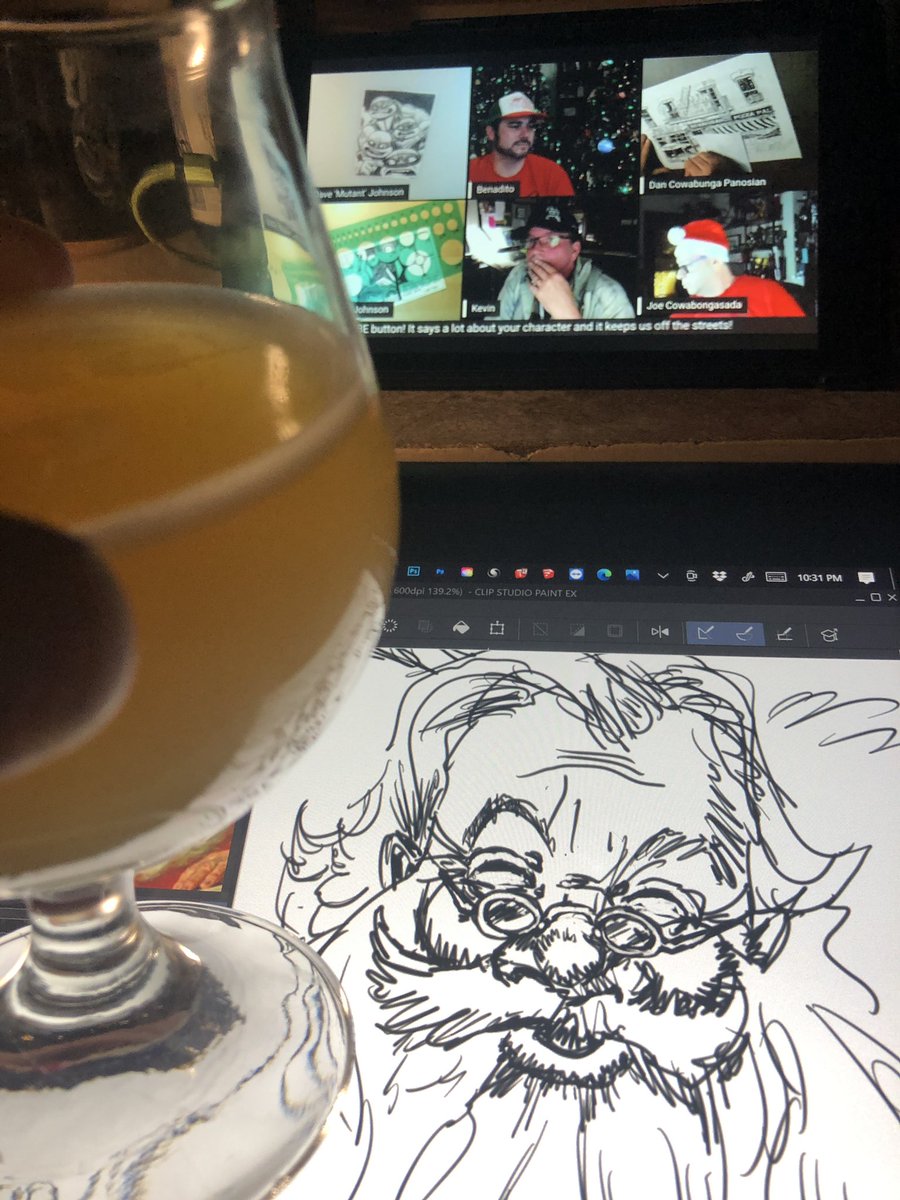 Gazilcher's tweet image. @Drink_and_Draw Loving the show tonight. Working on a LATE-AF family Christmas card, drinking #PranQster and being schooled by y'all @urbanbarbarian @Devilpig666 @JoeQuesada @bendefeo @kevineastman86