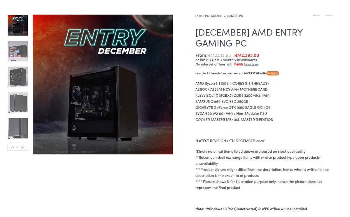 4. Racun Tech  https://www.facebook.com/TechRacun&nbsp;a. Set Office dengan Monitor RM2241b. Set AMD tanpa Monitor RM2393