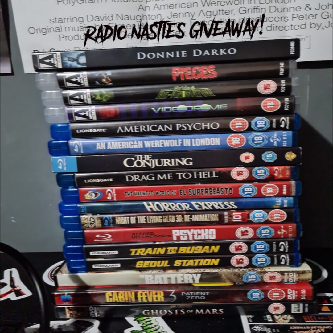 To celebrate hitting 5,000 plays we're giving away this stack of films. For a chance to win, just like this post, comment your favourite episode of Radio Nasties and retweet! Want a bonus entry? Just leave us a review on your podcast platform of choice and send us a screenshot.