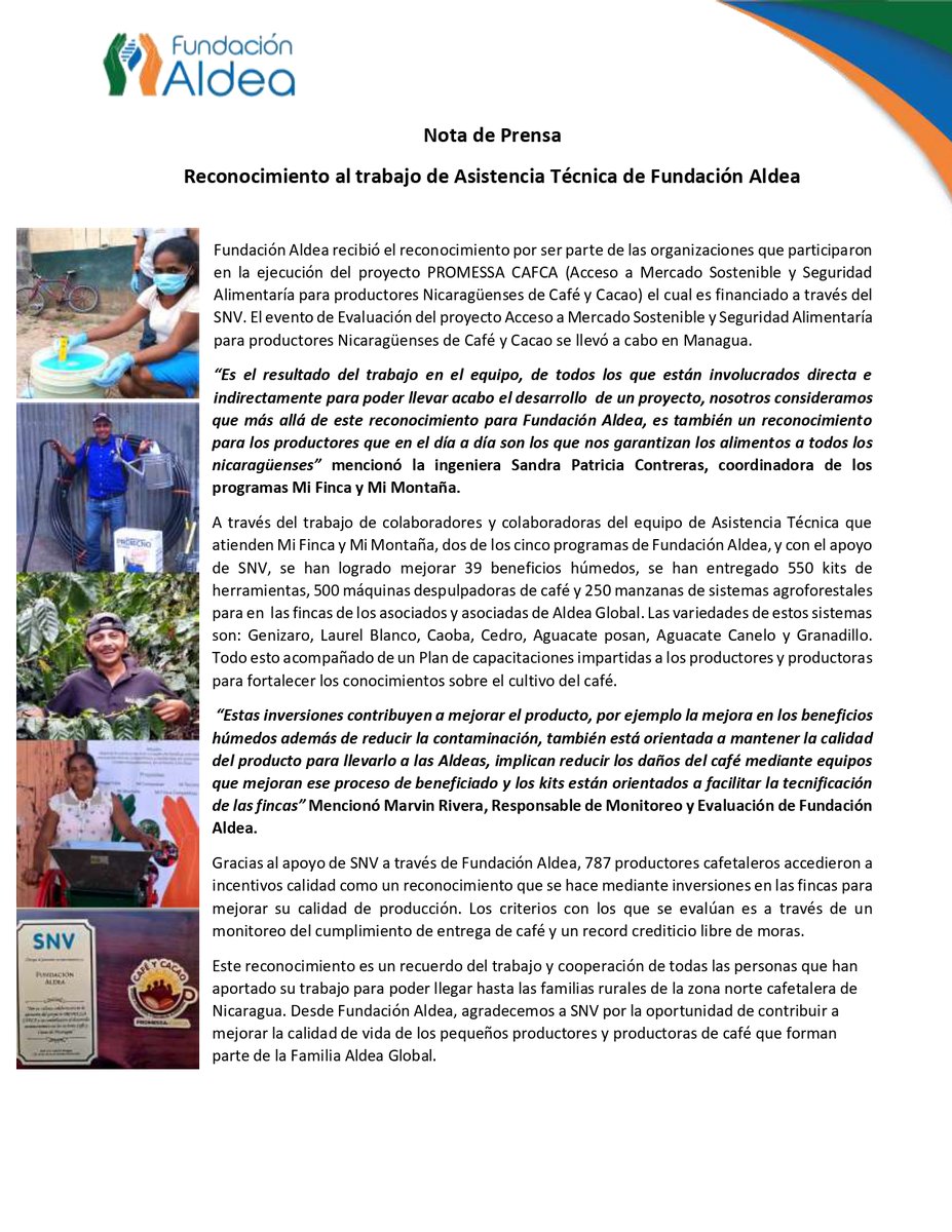 FundacionAldea's tweet photo. Muchas gracias a @SNVCAMERICA por este reconocimiento al trabajo de #FundaciónAldea dentro de los programas #MiFinca y #MiMontaña. Gracias también por ayudarnos a contribuir a mejorar la calidad de vida de los productores/as de café en el norte de #Nicaragua #SomosFamiliaAldea https://t.co/Cd8uhw4HLp