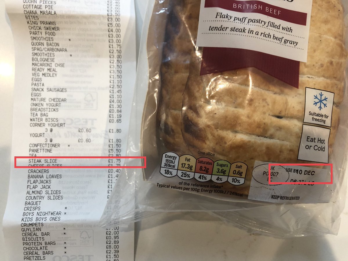 Jaramill0Laura's tweet photo. @Tesco I did my weekly shop at Taplow last Saturday 12 Dec, when I got home I saw that the steak slices were 2 days out of date. Not the first time at Taplow. Only getting time to follow up now. https://t.co/YMVApaVEpT