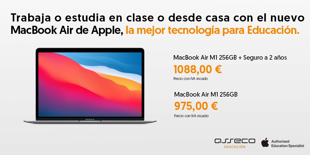 edu_asseco's tweet photo. 😄¡Hazte ahora con el nuevo MacBook Air con chip M1 de @Apple y comienza a disfrutar de la solución definitiva para el mundo de la #educación! https://t.co/bEODz0OAmM

👍🏻 #Estudiar o #trabajar desde cualquier parte nunca había sido tan fácil. https://t.co/nYxe6LLJuE