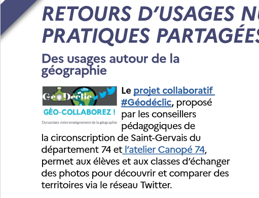 classeTICE's tweet photo. Retrouvez @geodeclic, un dispositif collaboratif pour enseigner la géographique, dans la lettre Édu_Num n°23 sur  @Eduscol
 : https://t.co/AEY8CKFkkD 

@Edu_Num et @eduscol_prim https://t.co/3keQClpKyG