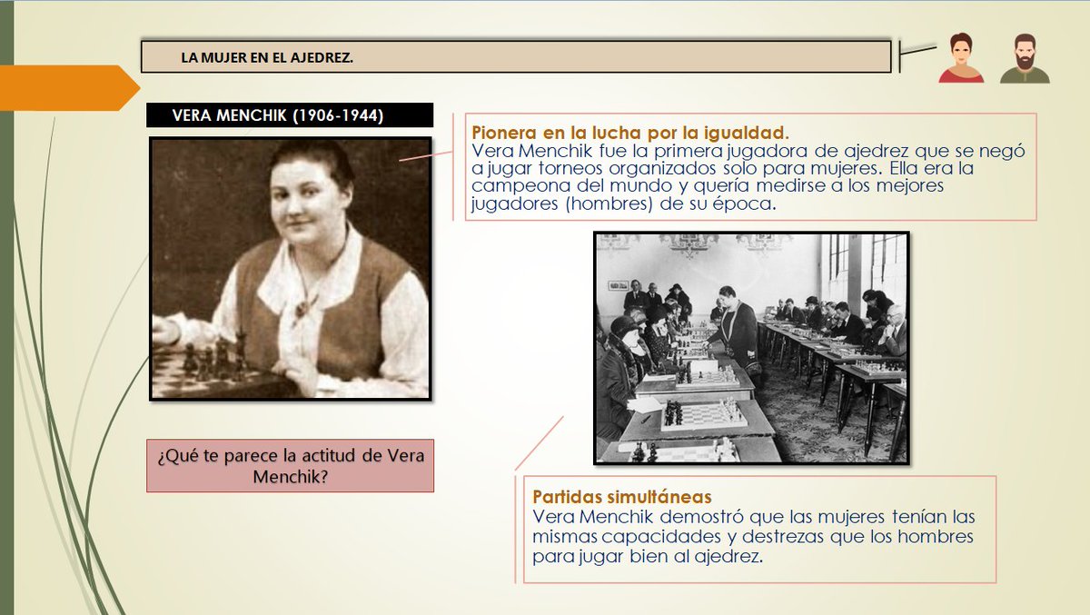 mazuagah's tweet photo. Hoy, con alumnos/as de 1º y 2º de ESO, repasamos la vida y contribución de Vera #Menchik, pionera en la lucha por la igualdad en el tablero.
Albert Becker inventó un club ficticio para todo aquel que perdiese una partida con Menchik. El 1er socio de ese club machista fue Becker. https://t.co/w3tJXHUxCb