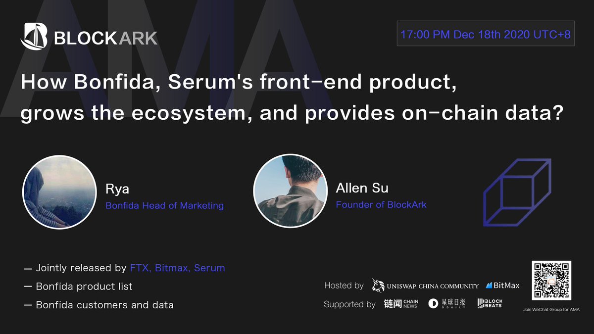 Block_Ark's tweet image. How @bonfida, @ProjectSerum's front-end product, grows the ecosystem and provides on-chain data?

AMA with
🔵Ezra Lim, Head of Business Development &amp;amp; Partnerships of @bonfida 
🔵Allen Su, Founder of #BlockArk

Jointly released by @FTX_Official, @BitMax_Official, @ProjectSerum