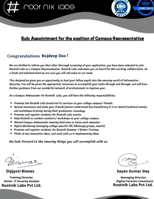 itsrajdeepdas's tweet photo. Thank you @rootniklabs for making me a part of this program & @c1b3erb0y1nd1a for selecting me as a campus representative. Hopefully it will be a nice walk through with you.
#rootniklabs #cybersecurity #marketing #infosec #infosecurity #DigitalMarketing #DataSecurity #security https://t.co/j79Cb3qT8a