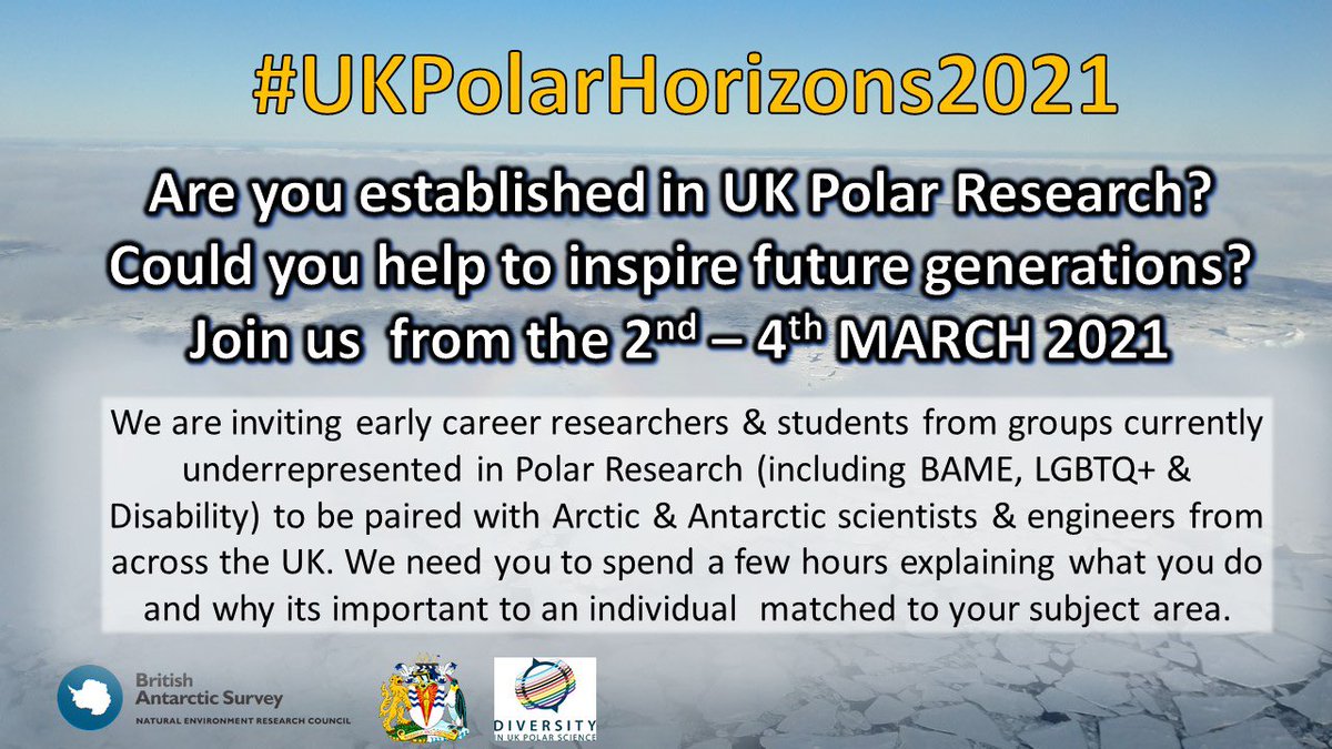 Whether you want to apply to take part or volunteer to host an early career member of a minority for #PolarHorizons2021, if you are UK based & want to sign up visit the website and FILL IN THE FORM.
#DiversityInPolarScience 
Please share widely!

bas.ac.uk/project/divers…