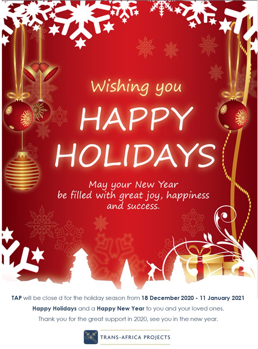 Seasons Greetings From Trans-Africa Projects! Wishing you all a happy and safe festive season. #SeasonsGreetings #FestiveSimpleJoys #transafricaprojects