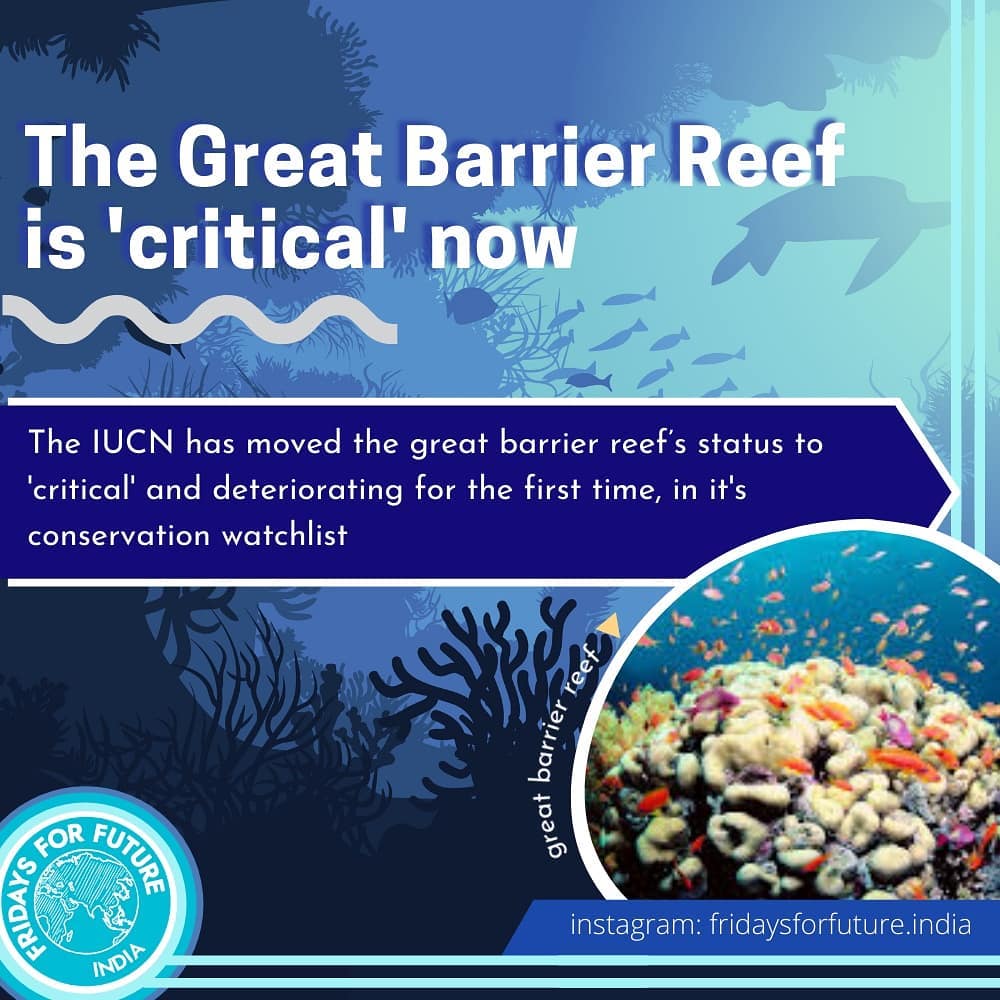 FFFIndia's tweet photo. The IUCN has moved the great barrier reef’s status to 'critical' and deteriorating for the first time, in it's conservation watchlist.
#GlobalWarming
#greatbarierReef
#climatechange
#Australia
(1/n) https://t.co/XQ5A87GLXL