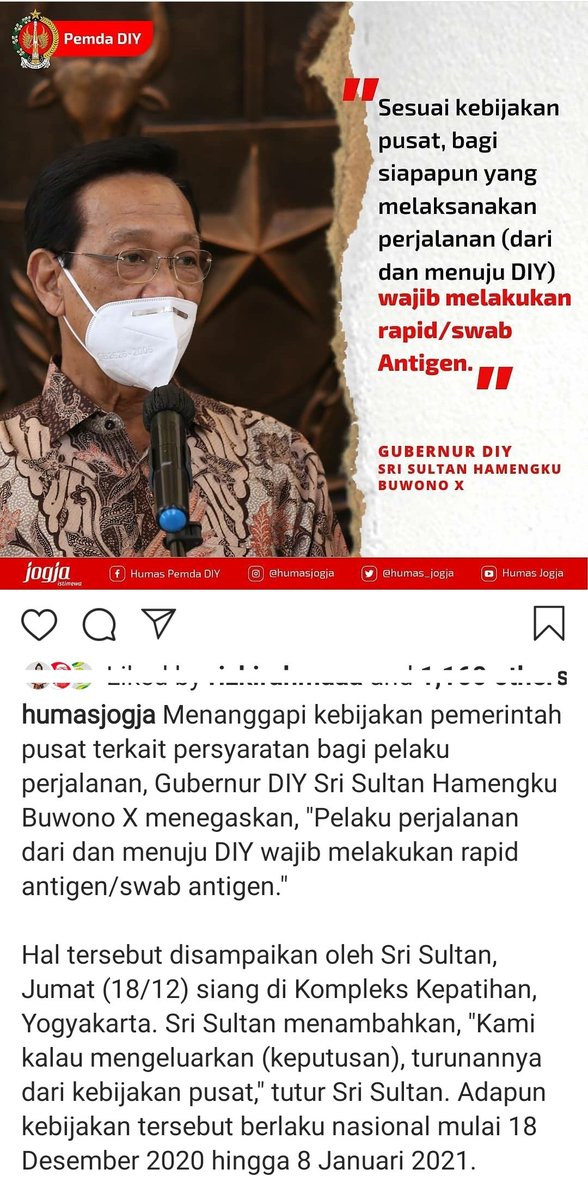 JogjaUpdate's tweet photo. Pelaku perjalanan dari dan menuju DIY  tgl 18 Des - 8 Jan wajib antigen nggih. https://t.co/S8fOYfL1Rb