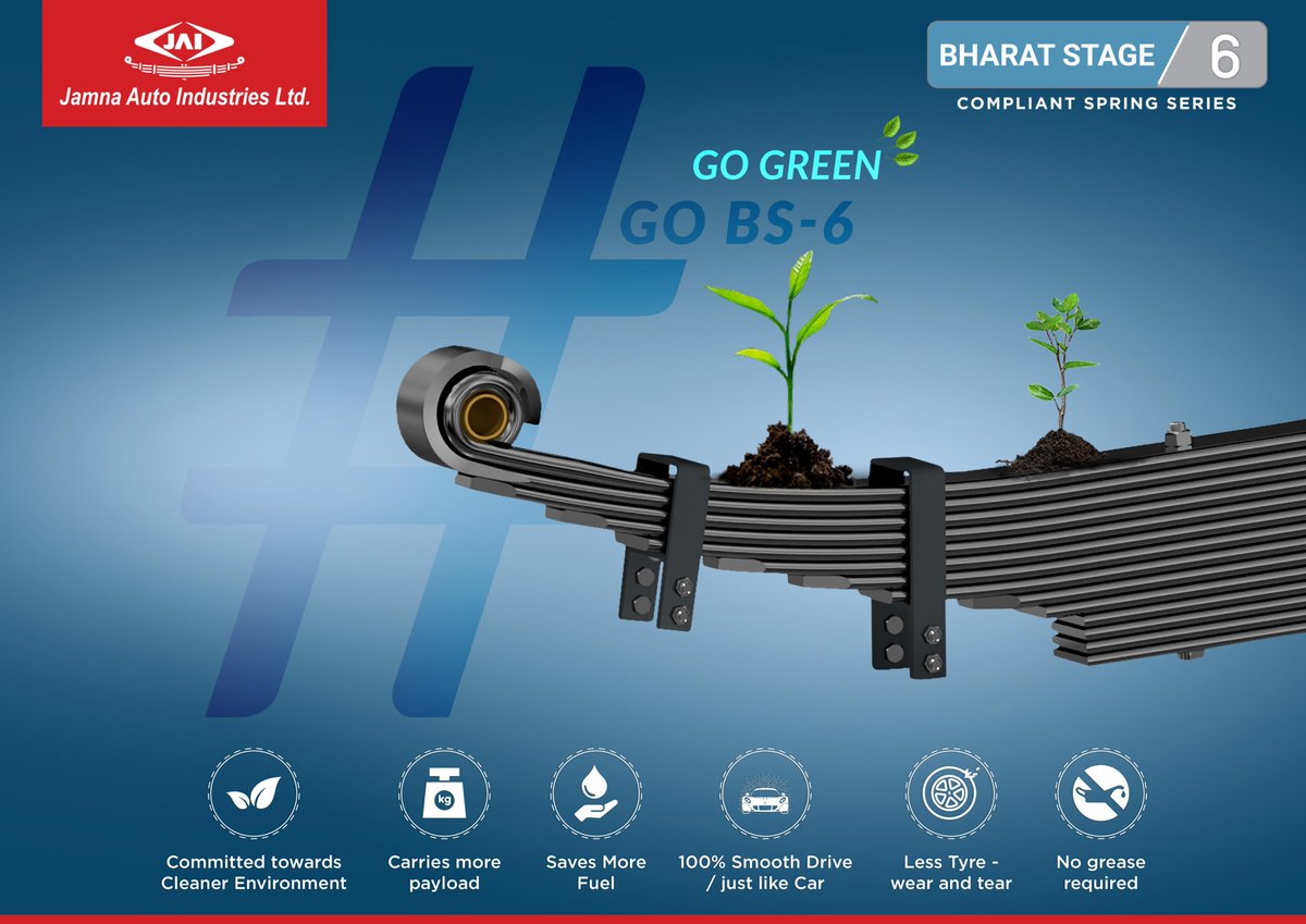 jaispring's tweet photo. Enjoy the benefits of JAI #BS_6 compliant leaf spring series and take your vehicle to #NextLevel. 

With JAI, give your vehicle more payload, better mileage &amp; a smoother drive.

#JAI #BS_6 #leaf_spring #benefits #commercialvehicle #JamnaAuto https://t.co/L3NF2BX94p