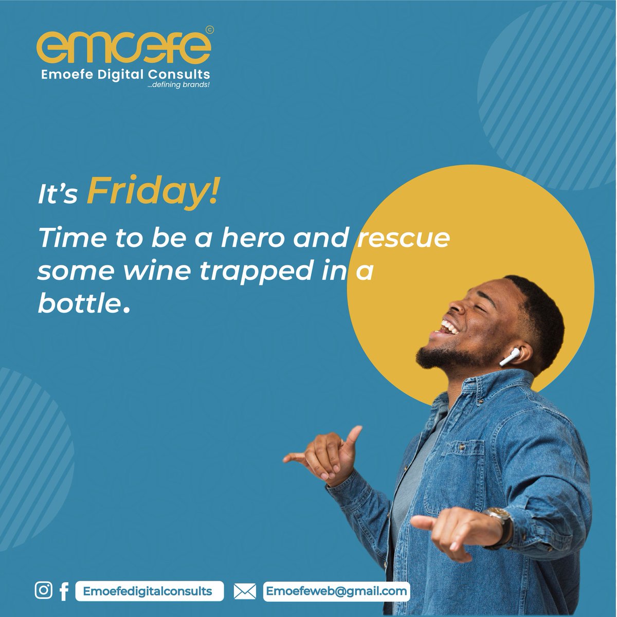 DigitalEmoefe's tweet photo. #TGIF 📣
We work hard, we party hard.

Dear CEOs, 
Go out there and be heroes this weekend!🚀

---
#FridayFeeling #SmallBusiness #Marketingtwitter #logodesigns #DigitalNigeria #madeinLagos #businessowners #madeinAbuja #Naija #businesstips #digitalemoefe #graphicdesignersinnigeria https://t.co/Ddd4le2ADL