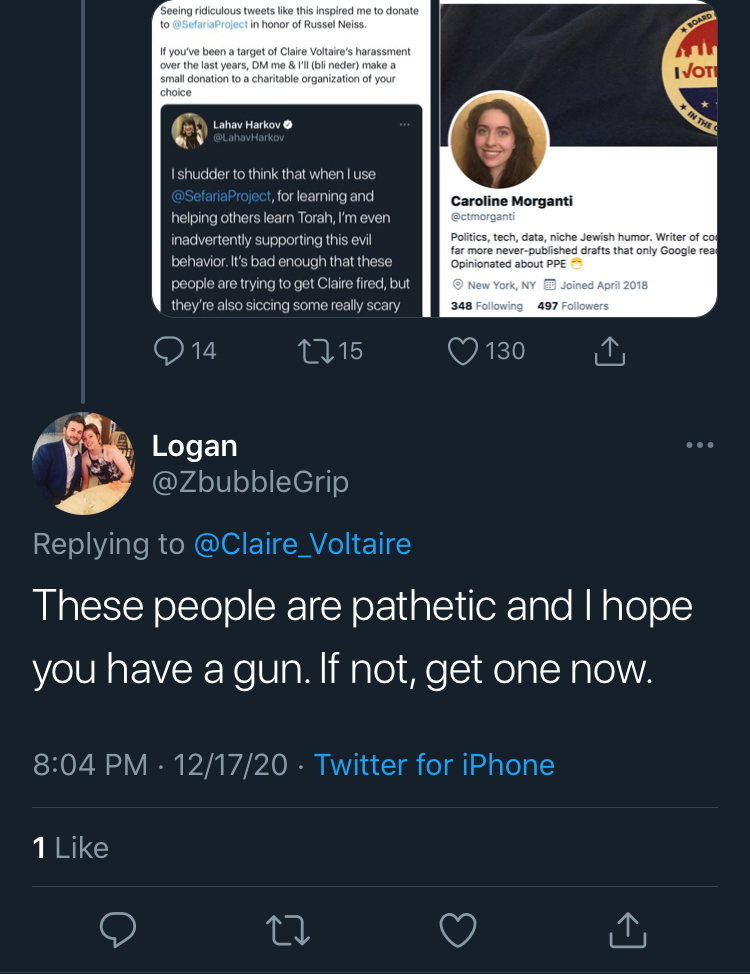 Lots of unhinged replies to Claire's screenshot of my tweet, but let's just pick one, which Claire liked:"These people are pathetic and I hope you [Claire] have a gun. If not, get one now."19/