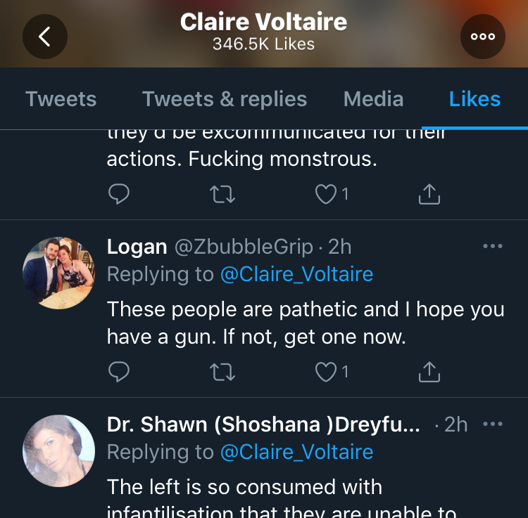 Lots of unhinged replies to Claire's screenshot of my tweet, but let's just pick one, which Claire liked:"These people are pathetic and I hope you [Claire] have a gun. If not, get one now."19/
