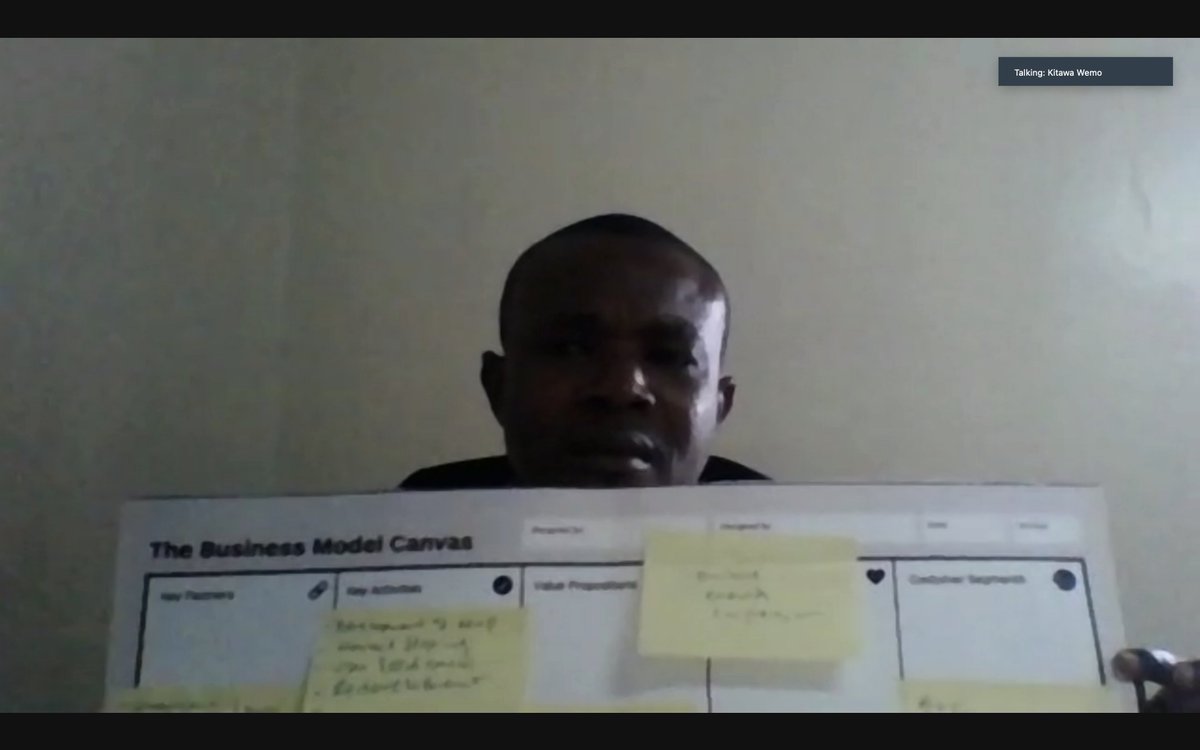 ATInnovateNow's tweet photo. In this last session of the year, @mulekaluke of @AssistallApp  kicks off the feedback session on business development by sharing his project pitch on the BMC and the Value Proposition. 
He even went the extra mile and filled the business details on the actual canvas. Great job! https://t.co/P9SQUWCtvB