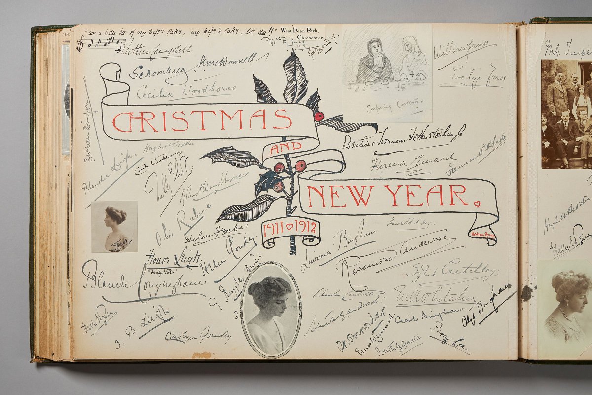 westdeancollege's tweet photo. Today we're sharing a festive item from the Edward James #Archive.  This is a page from an album of Millicent James' - Edward James' sister. It records the family's #Christmas and New Year celebrations with friends and acquaintances for 1911/12 at West Dean House. #EdwardJames https://t.co/hexBPAwwHo