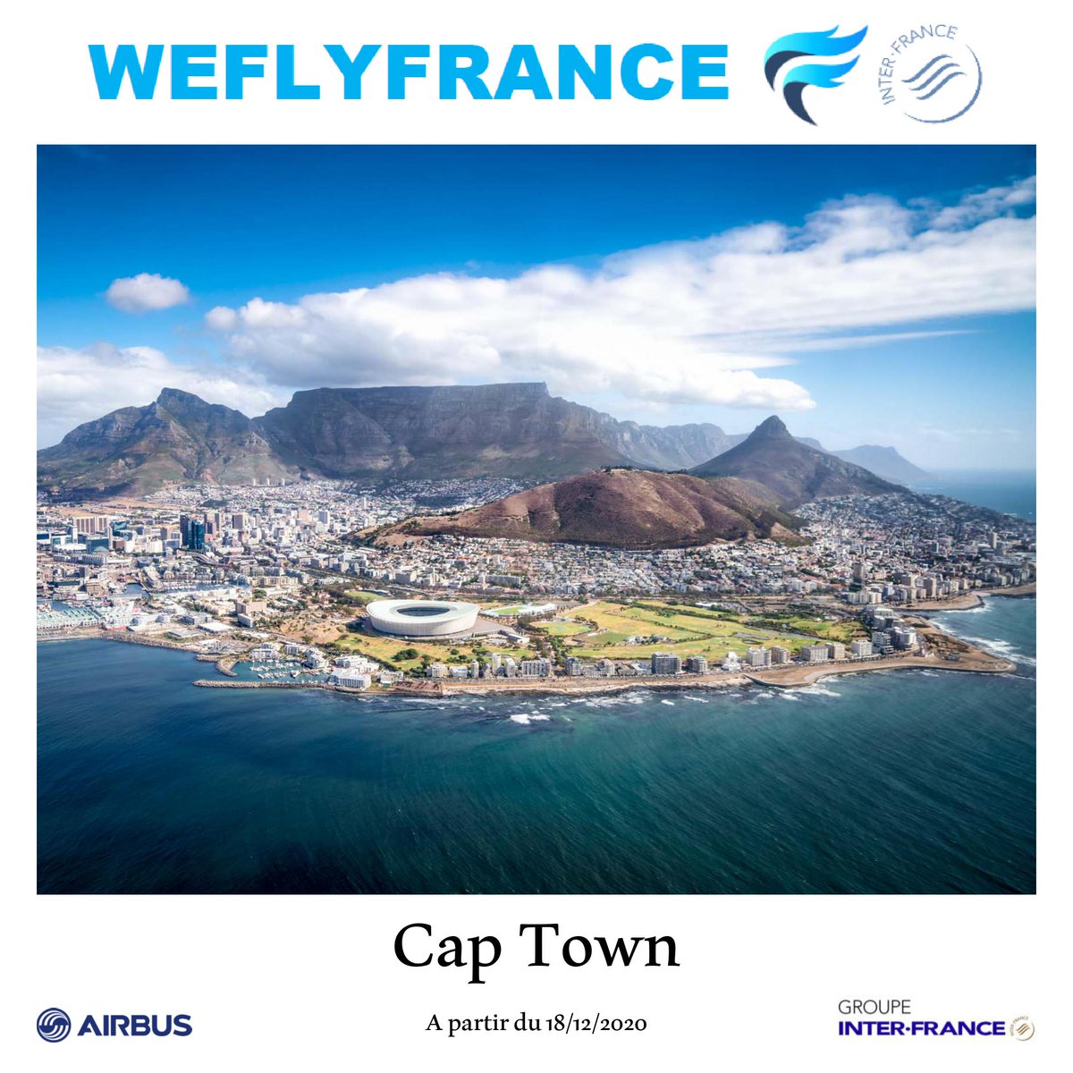 WEFLYFRANCE's tweet photo. Découvrez Le Cap et l'Afrique du Sud avec WEFLYFRANCE !  A partir du 18 décembre, nous effectuons 2 rotations quotidiennes en A330-900 ✈️ https://t.co/iSPym220bR