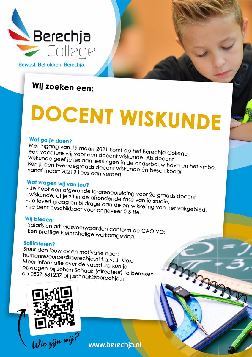 Werken op deze toffe school? --> youtu.be/tMRES187m7w en bevoegd (of bijna afgestudeerd) voor Nederlands of wiskunde? Dan hebben wij een mooie vacature voor jou...