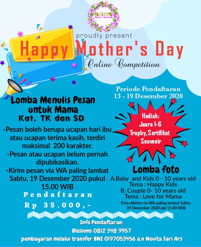 Yuuuk ramekan lombanya 
Info dan pendaftaran lomba

Wa.me/628123489957
IG : instagram.com/blossoms_my_eo…

#eventmalang #lombafoto #lombaanak #HariIbu