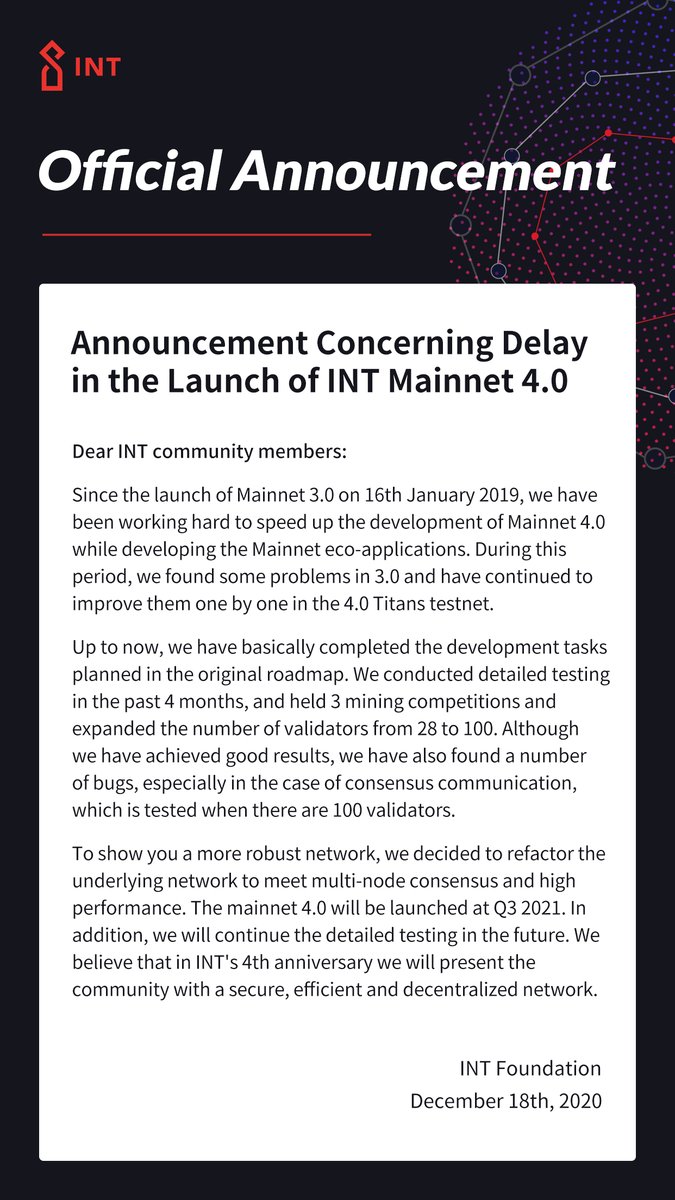INTCHAIN's tweet image. Announcement Concerning Delay in the Launch of INT Mainnet 4.0 
#intchain #IoT #Blockchain #INT  #Crypto #technology #DeFi