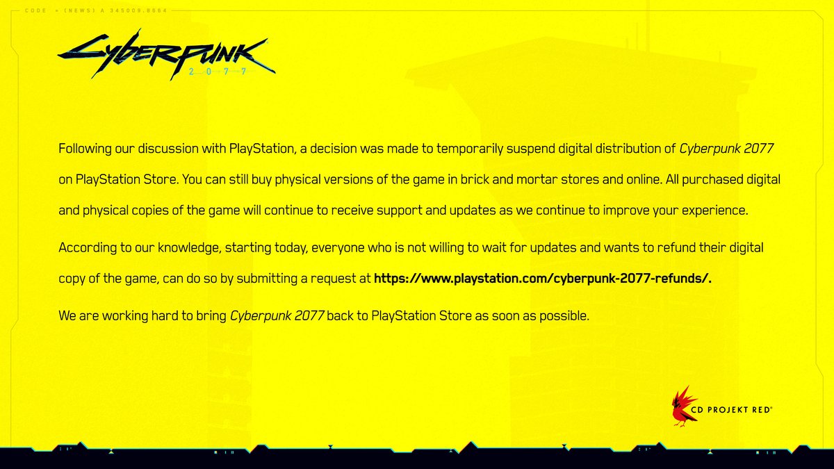 RT @CyberpunkGame: Important Update for @PlayStation Users https://t.co/fCB4z74M3z
