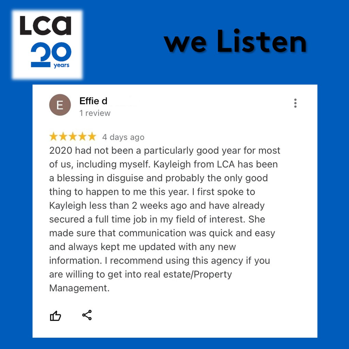LCA_jobs's tweet photo. Such a touching review π it's been a tough year but we are happy to have been the light at the end of the tunnel for our candidates! π
#recruitment #property #jobsearch #estateagent #london #essex #recruiting #recruiterlife #newcareer #newjob #work #business #follow #lcajobs https://t.co/bePzgyvKtY