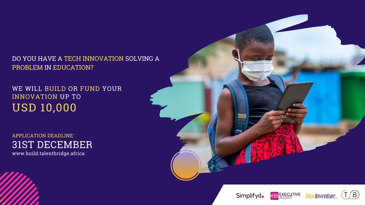 Krowdworks's tweet photo. Apply now for a chance to #build or #fund your #edtech  innovation up to USD 10,000. Powered by @TalentBridgeA in partnership with @BlueInventure @simplifydHQ and @ExecuAssist https://t.co/ZZv1rovTbi