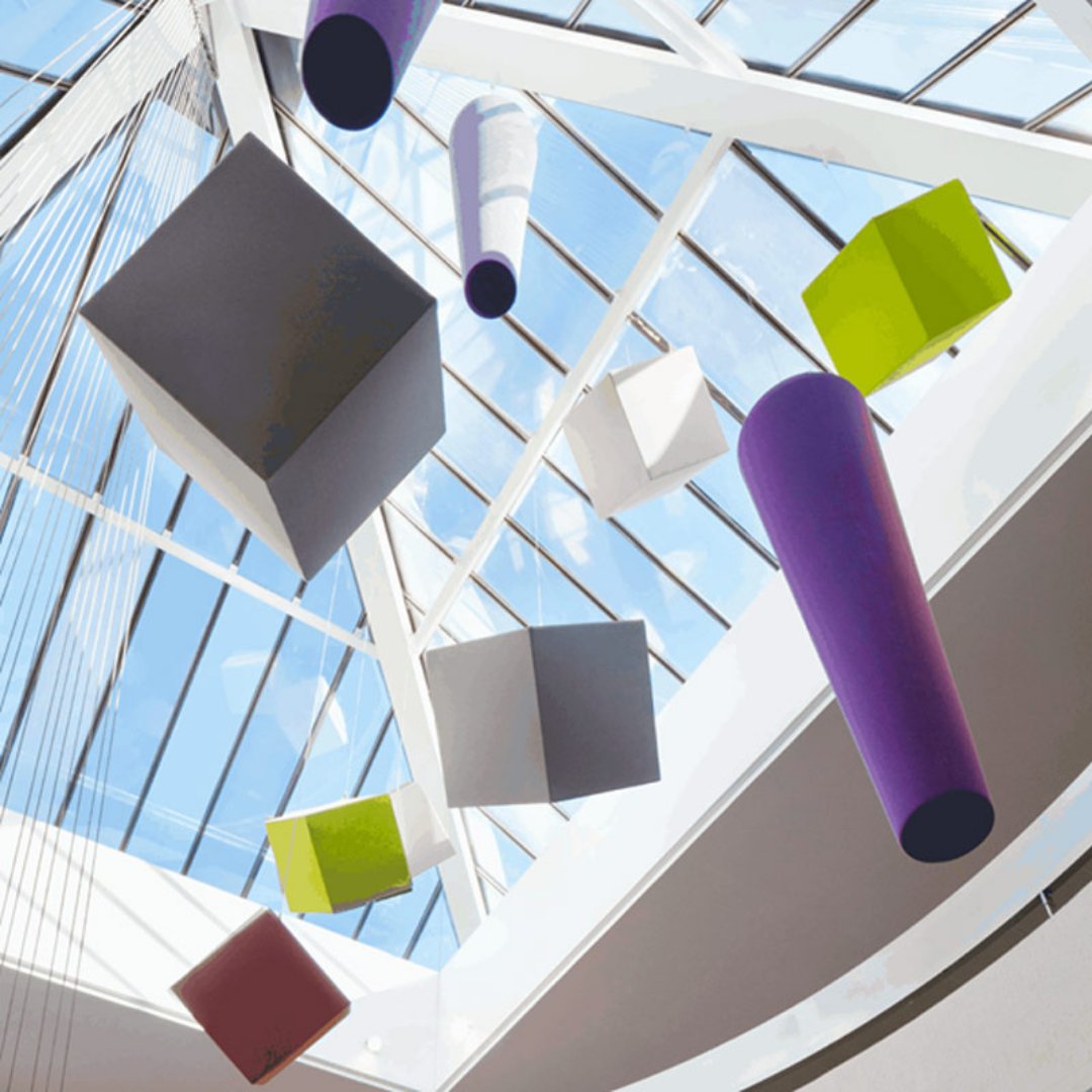muffleacoustics's tweet photo. For spaces where direct fix wall and ceilings solutions can’t be used, try #objectiv's Cube!
These fun cubes are simply hung from the ceiling to become the centrepiece of a room! https://t.co/g64e76SQpI
