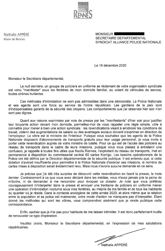 Hier soir, un groupe de policiers en uniforme est venu « manifester » devant mon domicile. Une action d’intimidation inadmissible. Le courrier que j’adresse au syndicat Alliance Police Nationale.