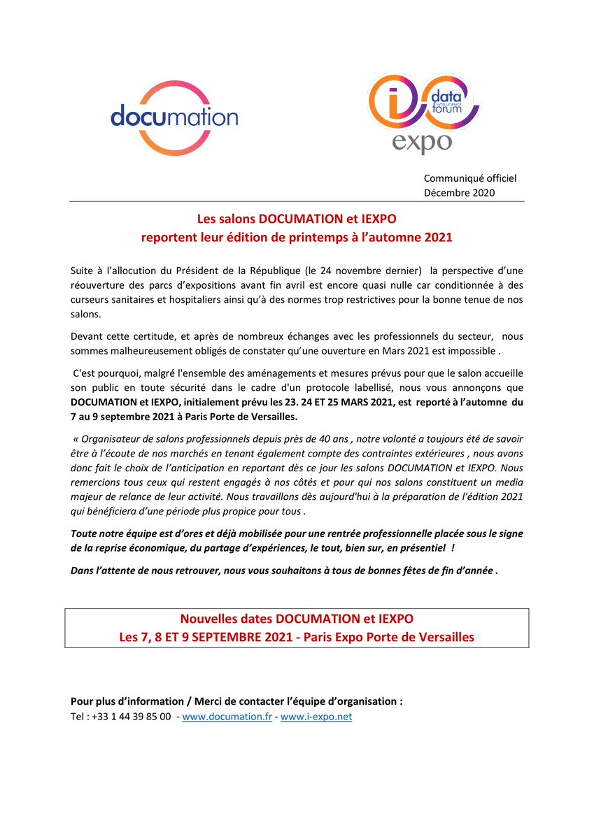 [#Event] Nouvelles dates @Documation2021 et <a href="/iexpo/">i-expo</a>
 Les 7, 8 ET 9 SEPTEMBRE 2021 - Paris Expo Porte de Versailles - Pour plus d'infos 👇