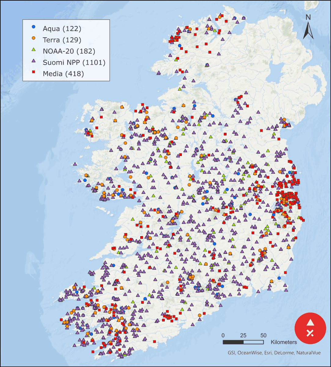flaresepa's tweet photo. We’ve been collecting data on #wildfires in #Ireland from 2015 to 2020. @CopernicusEMS  @jrc_EFFIS and @NASAEarthData #FIRMS active fire hotspots are great indications. Media reports show bias towards urban areas. We hope to do better using @CopernicusEU #Sentinel2 🛰️ 🇪🇺 images. https://t.co/fFqyc8BstF
