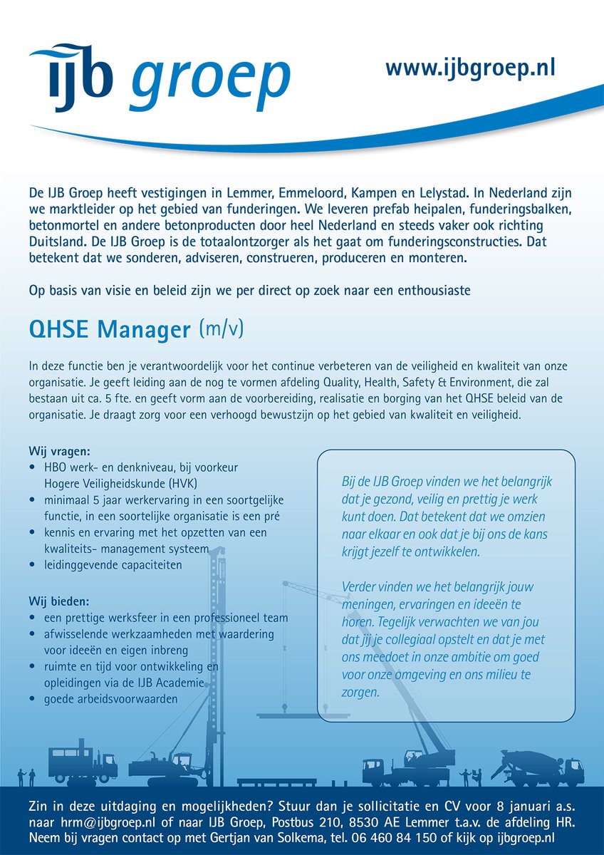 Op basis van visie en beleid zijn we op zoek naar een enthousiaste Quality, Health, Safety &amp; Environment Manager: ijbgroep.nl/ijb-groep/werk…