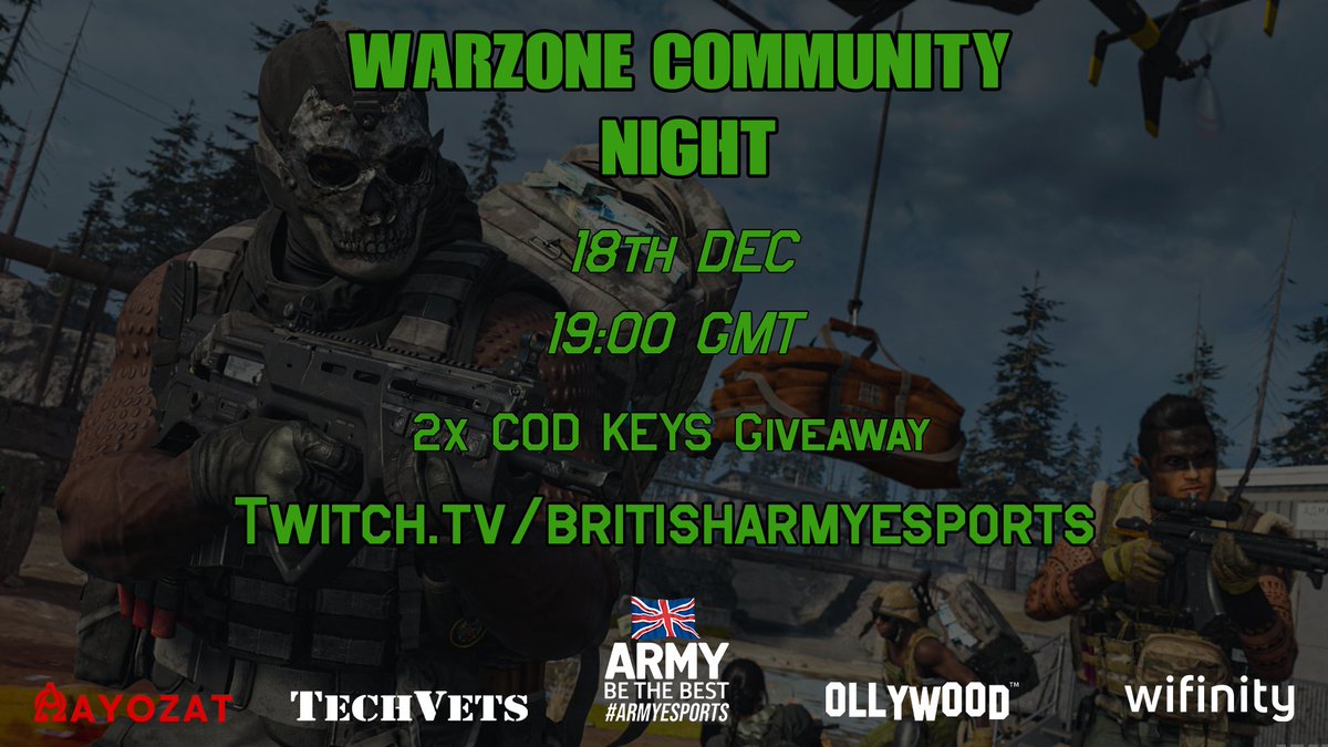 BritArmyesports's tweet photo. #BritishArmyEsports Live tonight at 1900 GMT. 

@CallofDuty

#Giveaways
🎮 2 #CallOfDutyBlackOpsColdWar game codes. 

To Enter:
➡️Follow #twitchstream &amp; #Twitter
➡️Tag 2 friends
➡️Retweet 

#GiveawayEntry #code #raffle
#gift #free #gamecodes https://t.co/FfDJlXEbuf https://t.co/UWnMzCSzjj