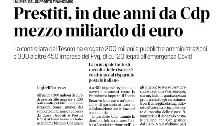 #Prestiti, in 2 anni da <a href="/GruppoCDP/">Cassa Depositi e Prestiti</a> mezzo miliardo di euro | 200 milioni a #pubbliche #amministrazioni, 300 milioni a oltre 450 #imprese #FVG, di cui 20 legati a #emergenza #COVID <a href="/il_piccolo/">Il Piccolo</a> <a href="/LuigidellOlio/">Luigi dell'Olio</a> #PA