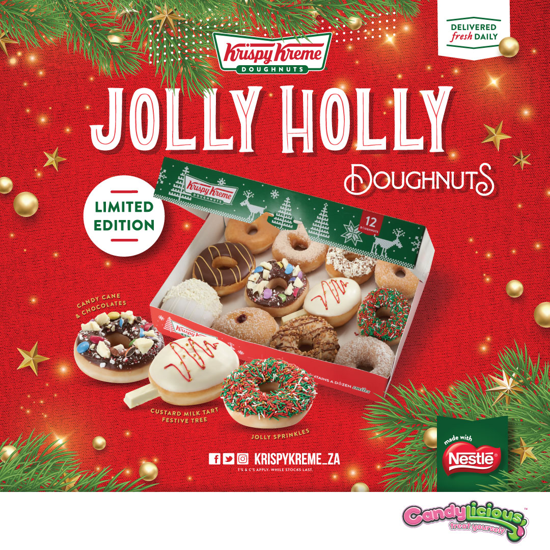 CandyliciousSA's tweet photo. Jolly Holly Krispy Kreme doughnuts
are available at Candylicious stores
from 1 - 27 December

🌲 'Tis The Season To Be Jolly
with Custard Milk Tart Festive Tree,
Jolly Sprinkles
&amp; Candy Cane &amp; Chocolate doughnuts

#CandyliciousSA
#TreatYourselfSA
#KrispyKremeZA
#Festive https://t.co/lGbPn9OZfw