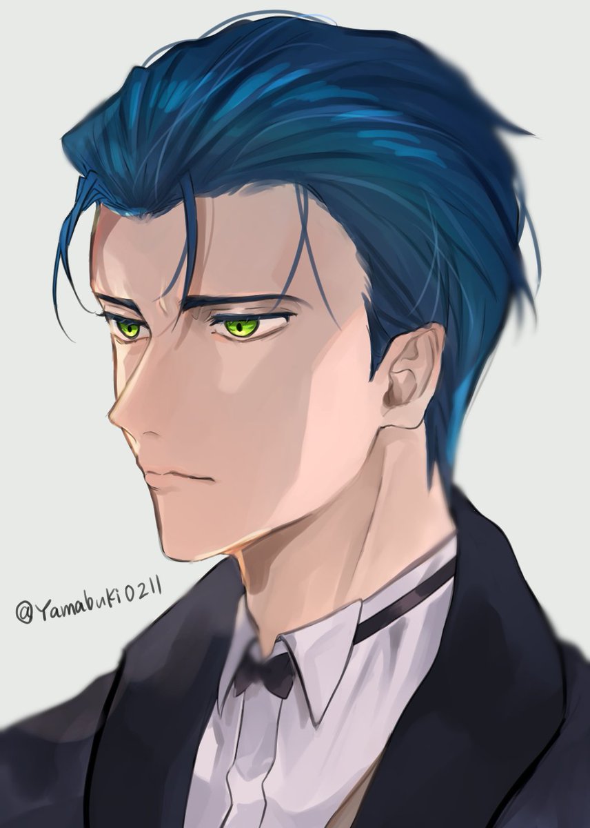 1boy male focus solo blue hair green eyes bow bowtie  illustration images