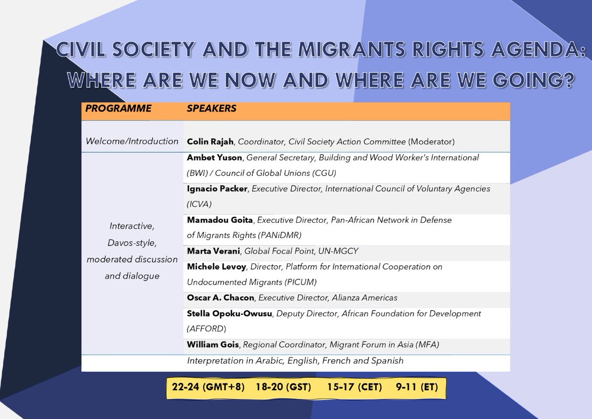 ‼️ Happening Now: Civil Society and the Migrants Rights Agenda: Where are We Now. Join us by registering here: bit.ly/3p3PQhW. We are also live via YouTube here: bit.ly/2KjuGNP