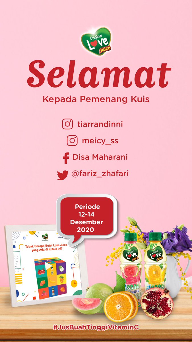 LoveJuiceID's tweet photo. Mari kita ucapkan selamat kepada @fariz_zhafari sebagai pemenang #EndYearChallenge edisi tebak jumlah botol Love Juice. πππ https://t.co/y76gh7meXL