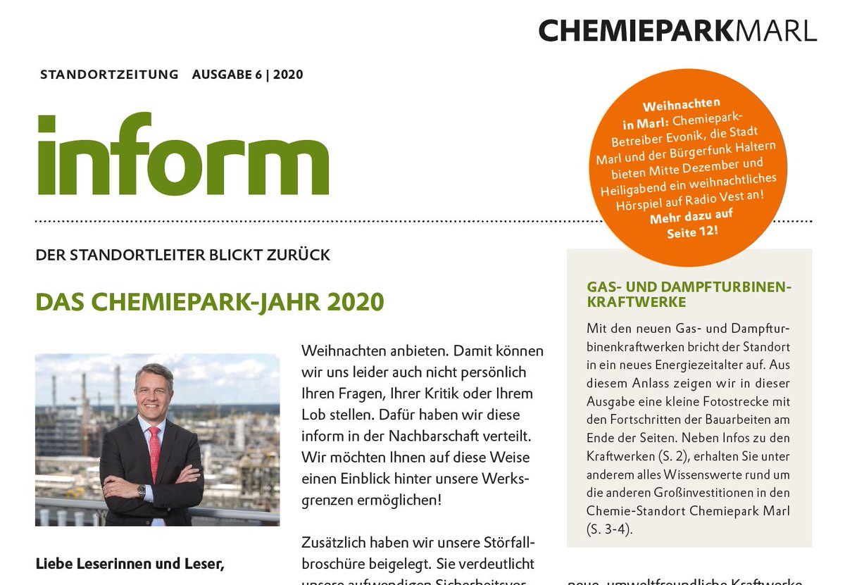 chemieparkmarl's tweet photo. #2020: Neue #Gas- und Dampfturbinenkraftwerke, Erweiterung der #Polyamid 12-Anlagen für den #3D-Druck, #Cumol-Anlage der @INEOS - und das alles unter #Corona-Bedingungen. Nicht nur darüber informiert unsere Weihnachtsausgabe der Standortzeitung #inform --> https://t.co/J2bhmqeCcA https://t.co/pZDq9ZkQBf