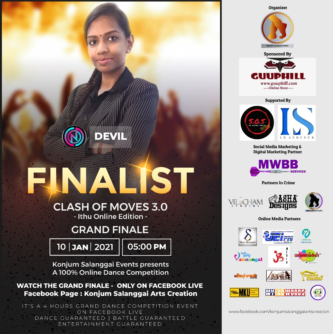 VivitraDevi's tweet image. Proud to be a FINALIST of KONJUM SALANGAI ARTS CREATION (CLASH OF MOVES 3.0)
.
.
#finalist #dancer #com3.0 #danceismypassion #own #devi #devil #konjumsalangai #beyou #opportunity