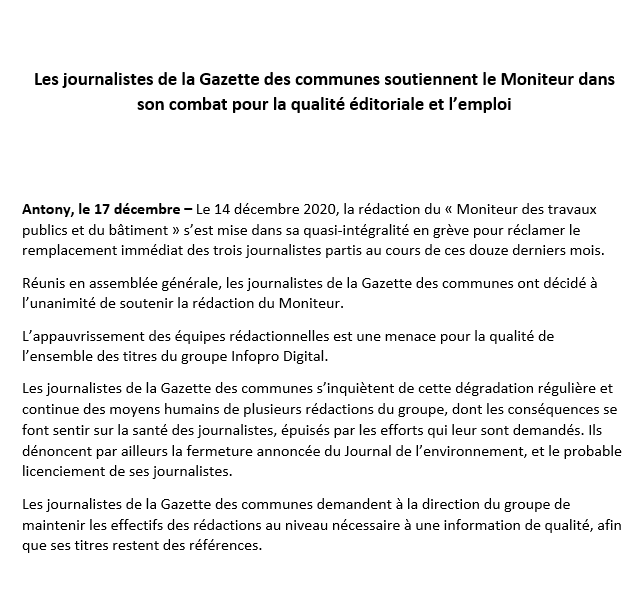 Les journalistes de la Gazette des communes soutiennent les rédactions du <a href="/Le_Moniteur/">LeMoniteur</a> et du Journal de l'environnement, toutes deux en danger