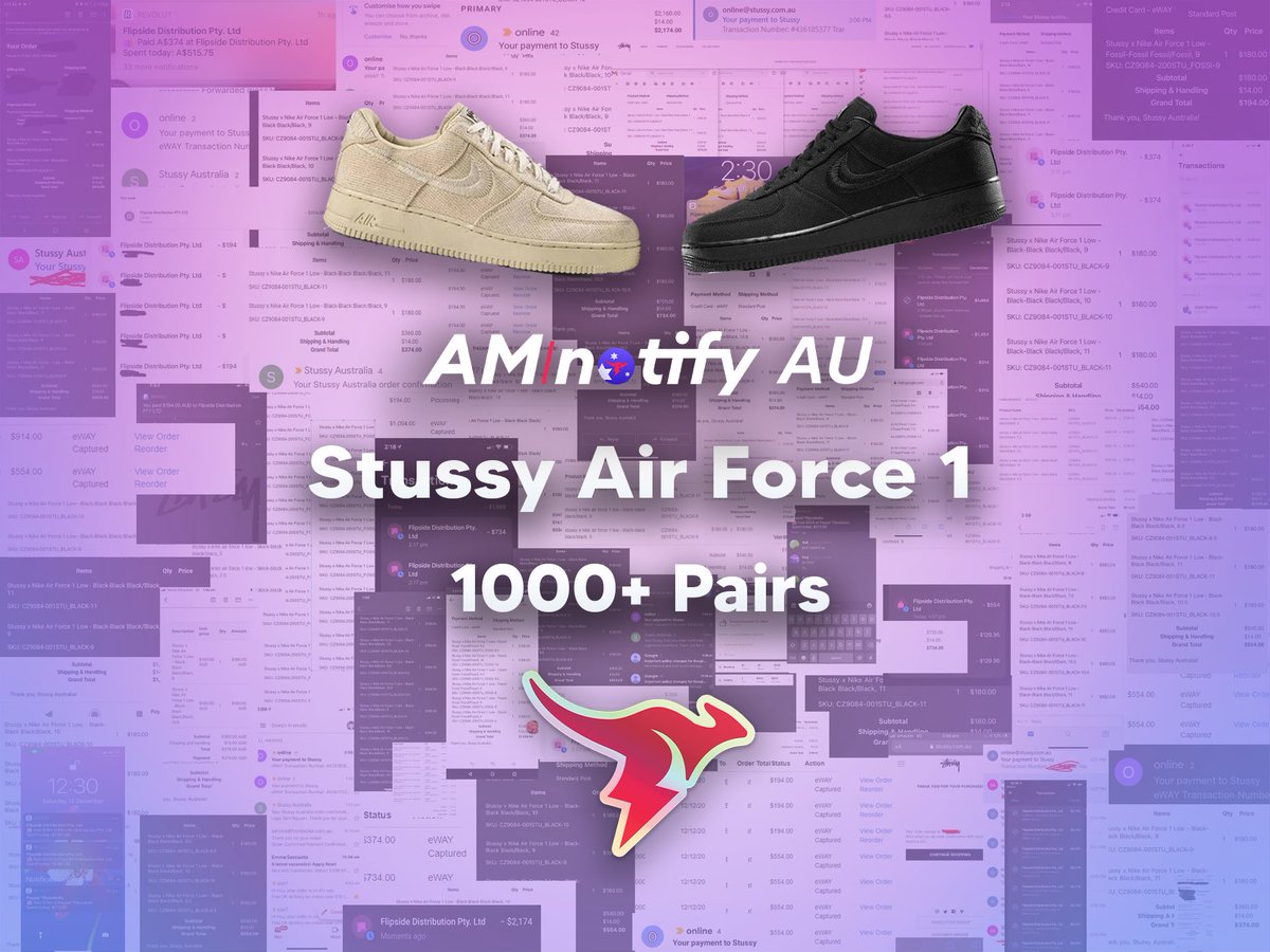 AMNotifyAU's tweet photo. After wiping 100% of stock of the scheduled release, and a few cancels later. 🥲

Thanks to the help of the fastest Stussy AU monitor, members were able to check out another 400+ pairs yesterday finally getting shipped 🥸

RT and tag 2 friends for a chance to join us 🥳 https://t.co/4zByVHmq7R