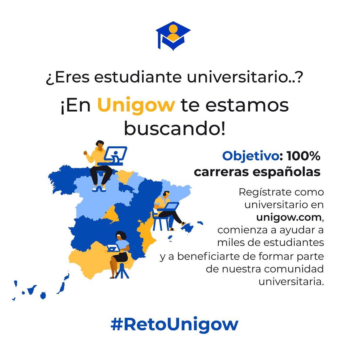 unigow_tw's tweet photo. Si eres universitario, en Unigow queremos contar con tu opinión. ¡Forma parte del #RetoUnigow y consigamos registros de universitarios del 100% de las titulaciones de España! 🚀

Regístrate en: https://t.co/G5ODL8z4Lx ✅

🔄Rt si alguna vez tuviste dudas para elegir tu carrera https://t.co/88m7JIQjja