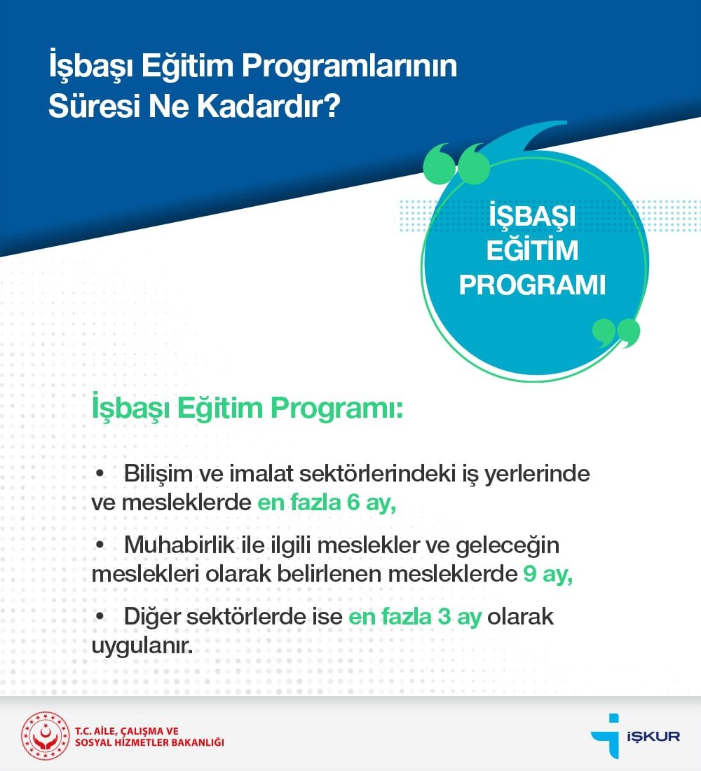 İşbaşı Eğitim Programlarının Süresi Ne Kadardır❓
⚫Bilişim ve imalat sektörlerindeki iş yerlerinde ve mesleklerde en fazla 6 ay, 
⚫Muhabirlik ile ilgili meslekler ve geleceğin meslekleri olarak belirlenen mesleklerde 9 ay, 
⚫Diğer sektörlerde ise en fazla 3 ay olarak uygulanır